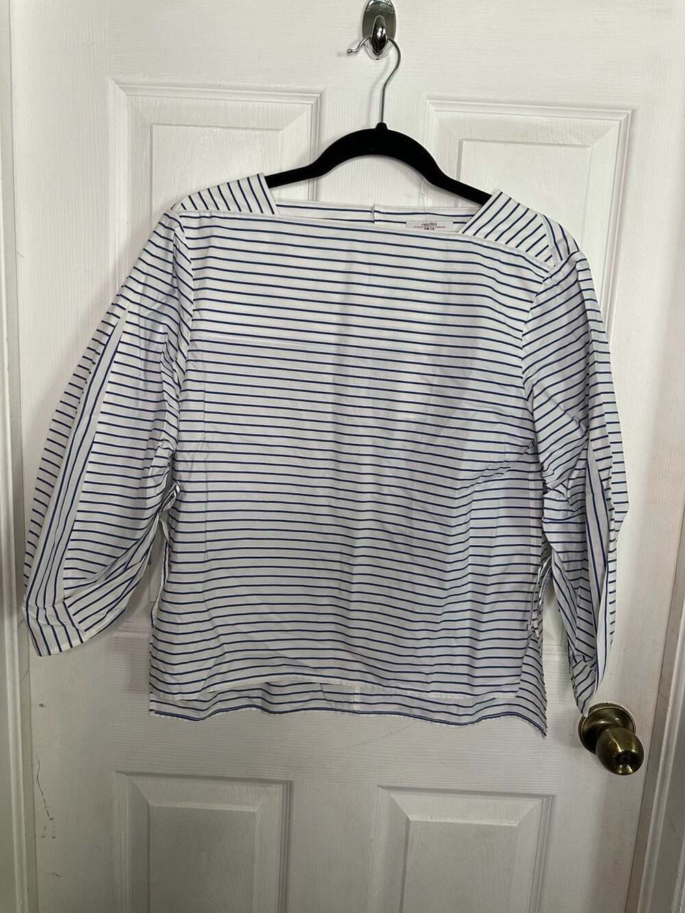 23ku Size 32 Striped Cotton Blouse with Ruched Tie Sleeves